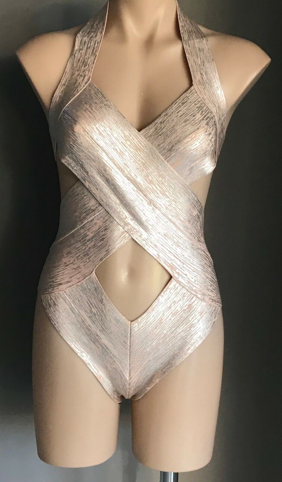 SwimSuit MISSGUIDED PEACE + LOVE Blush Pink & Silver Bandage One Piece Sz 10 NEW