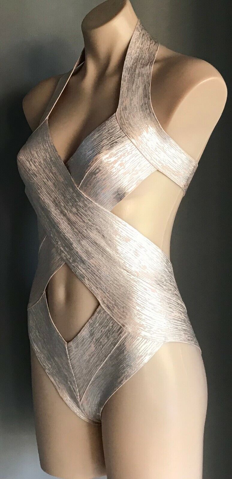SwimSuit MISSGUIDED PEACE + LOVE Blush Pink & Silver Bandage One Piece Sz 10 NEW