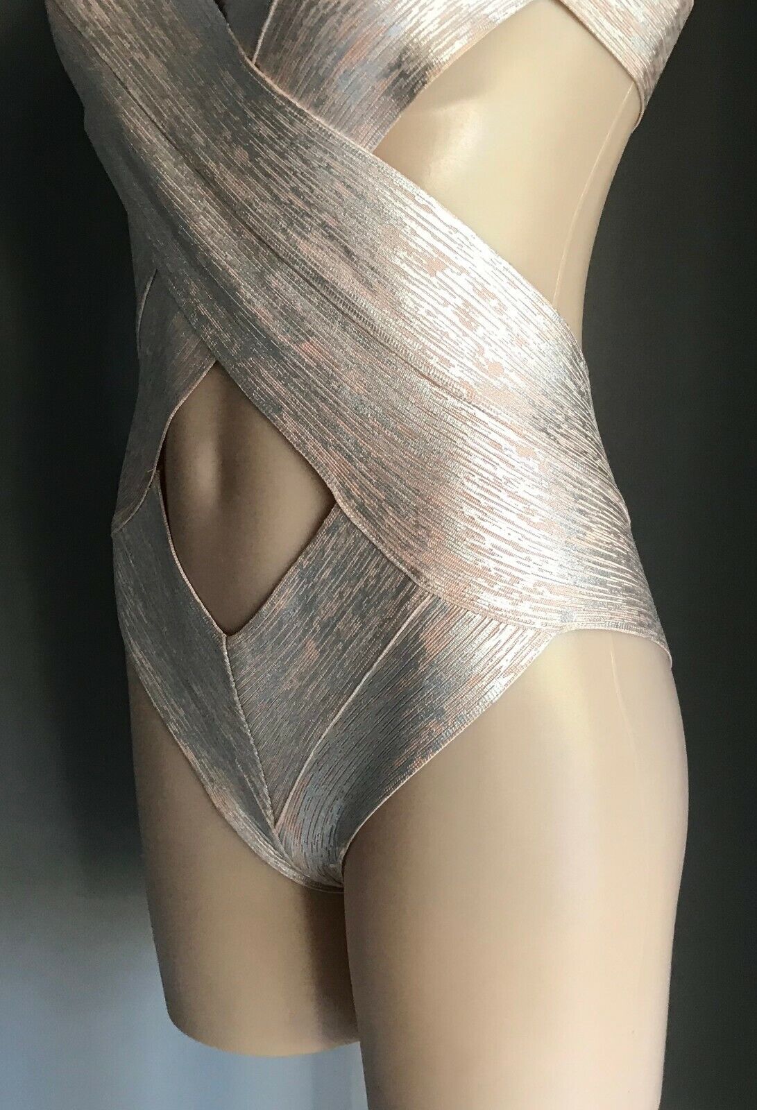 SwimSuit MISSGUIDED PEACE + LOVE Blush Pink & Silver Bandage One Piece Sz 10 NEW