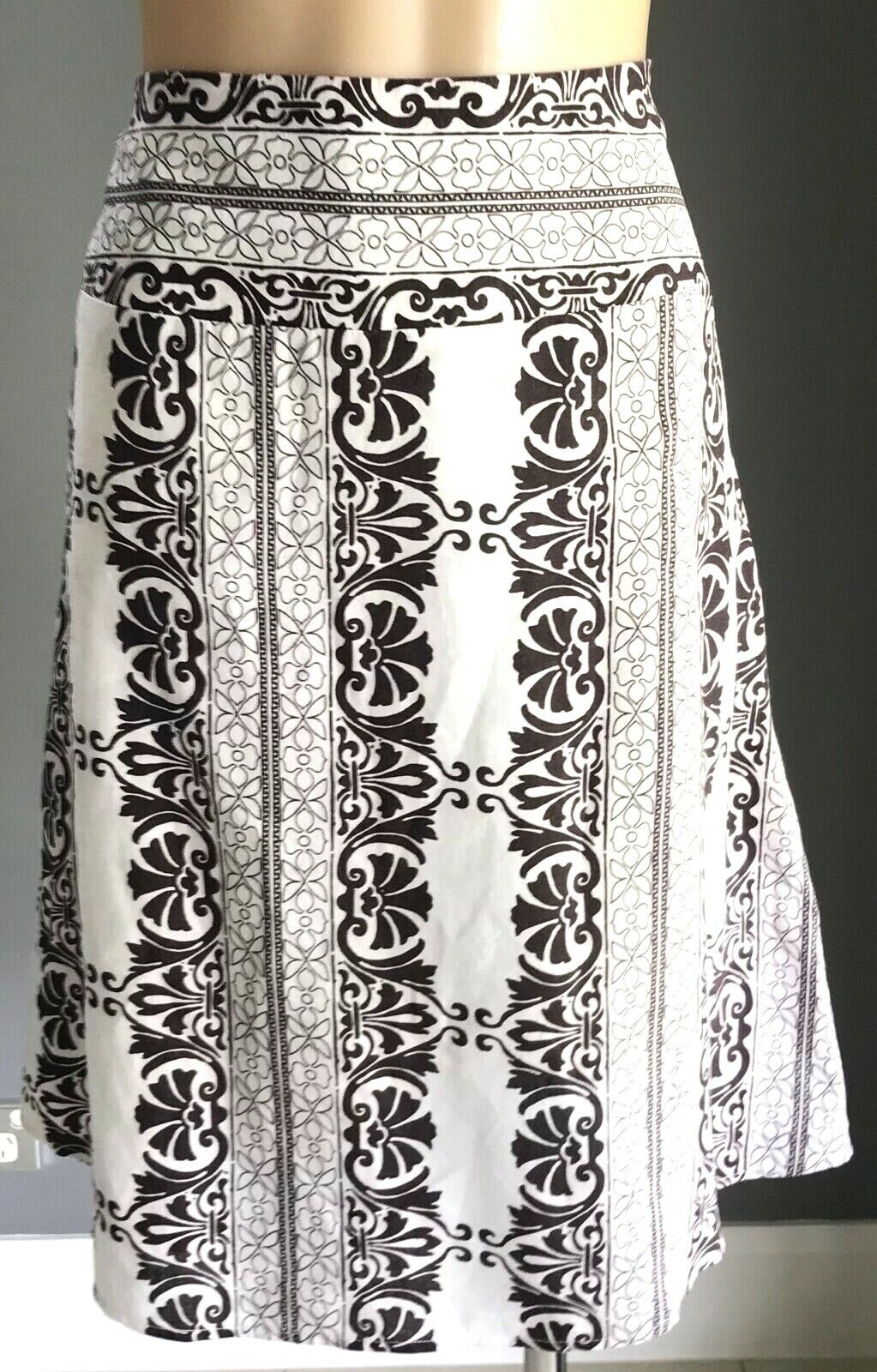 EVENTS Linen Skirt A-Line Knee Length Brown & White Print Waist Panel Size 10 12