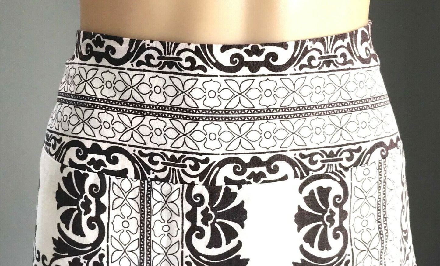 EVENTS Linen Skirt A-Line Knee Length Brown & White Print Waist Panel Size 10 12