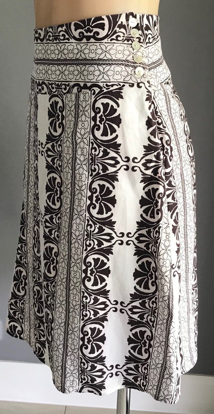 EVENTS Linen Skirt A-Line Knee Length Brown & White Print Waist Panel Size 10 12