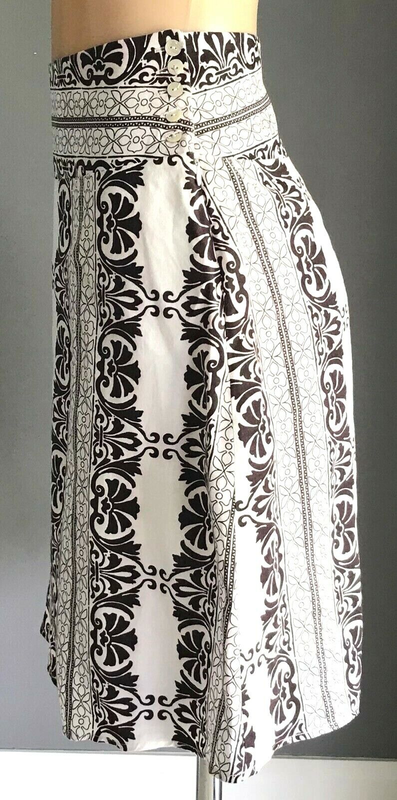 EVENTS Linen Skirt A-Line Knee Length Brown & White Print Waist Panel Size 10 12