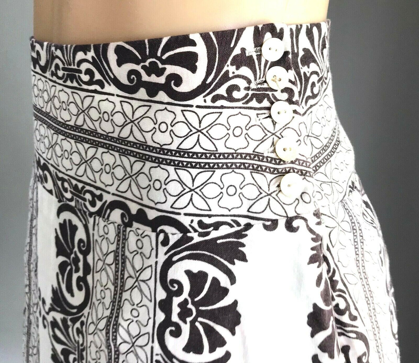 EVENTS Linen Skirt A-Line Knee Length Brown & White Print Waist Panel Size 10 12