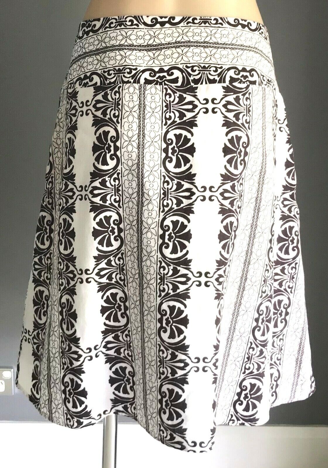EVENTS Linen Skirt A-Line Knee Length Brown & White Print Waist Panel Size 10 12