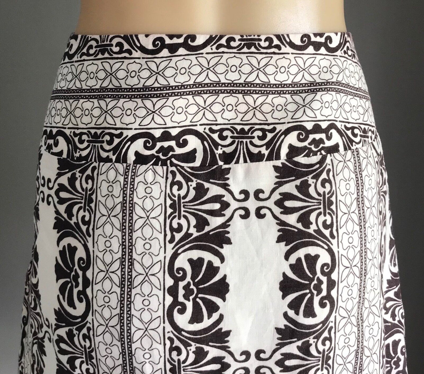EVENTS Linen Skirt A-Line Knee Length Brown & White Print Waist Panel Size 10 12