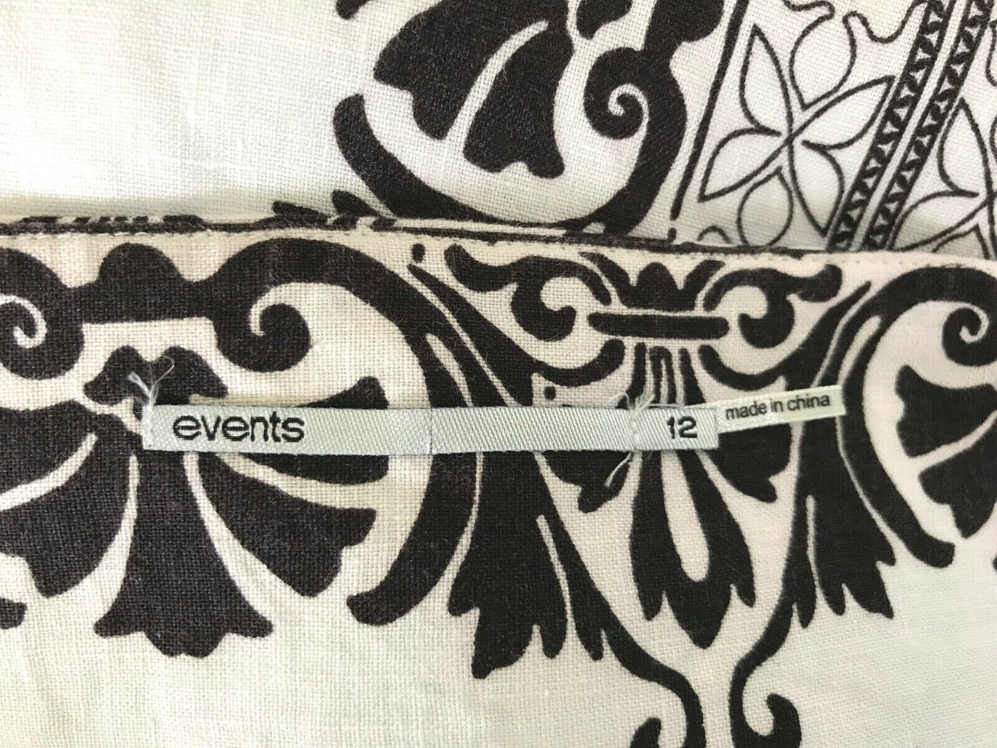 EVENTS Linen Skirt A-Line Knee Length Brown & White Print Waist Panel Size 10 12