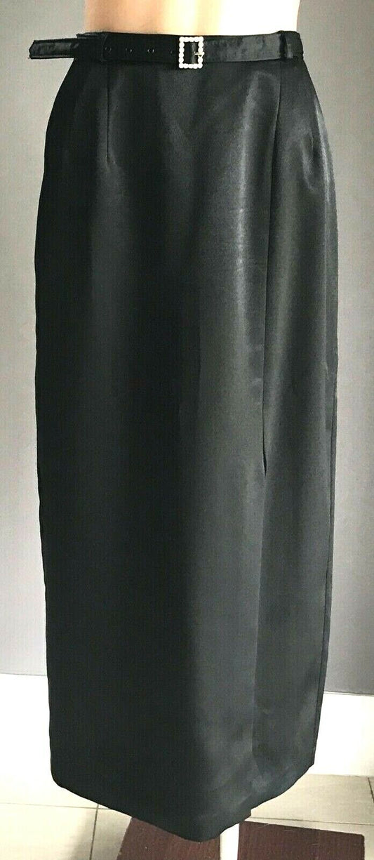 1980s CASADEI by STITCHES Skirt Black Satin Slit Diamante Belt Trim Size 16 NEW