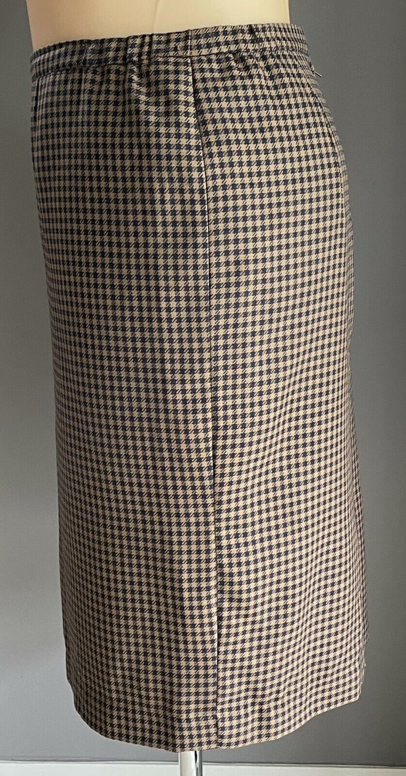 1960s Straight Wool Skirt Handmade Midi Brown Navy Check Winter Weight Size 16