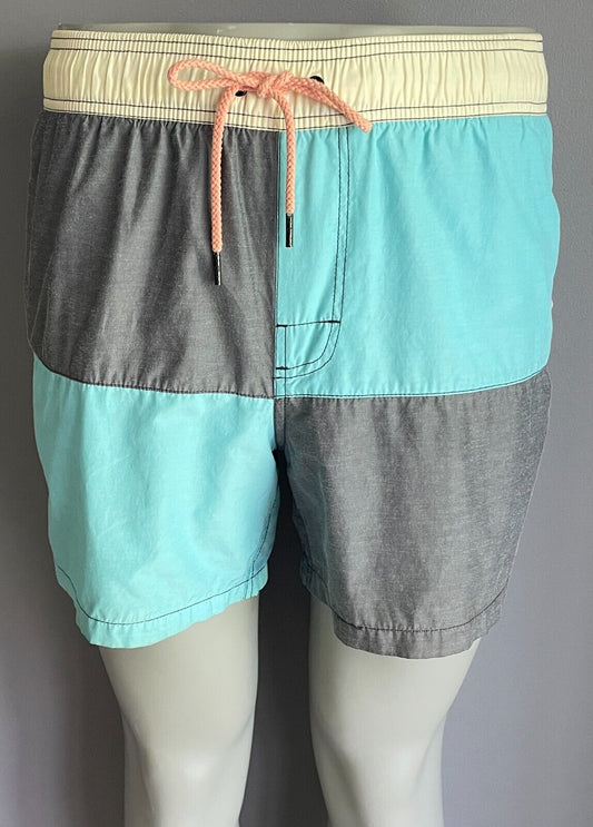 PIPING HOT Grey Blue Yellow Elastic Waist Swim Board Shorts Volley Mens Size L