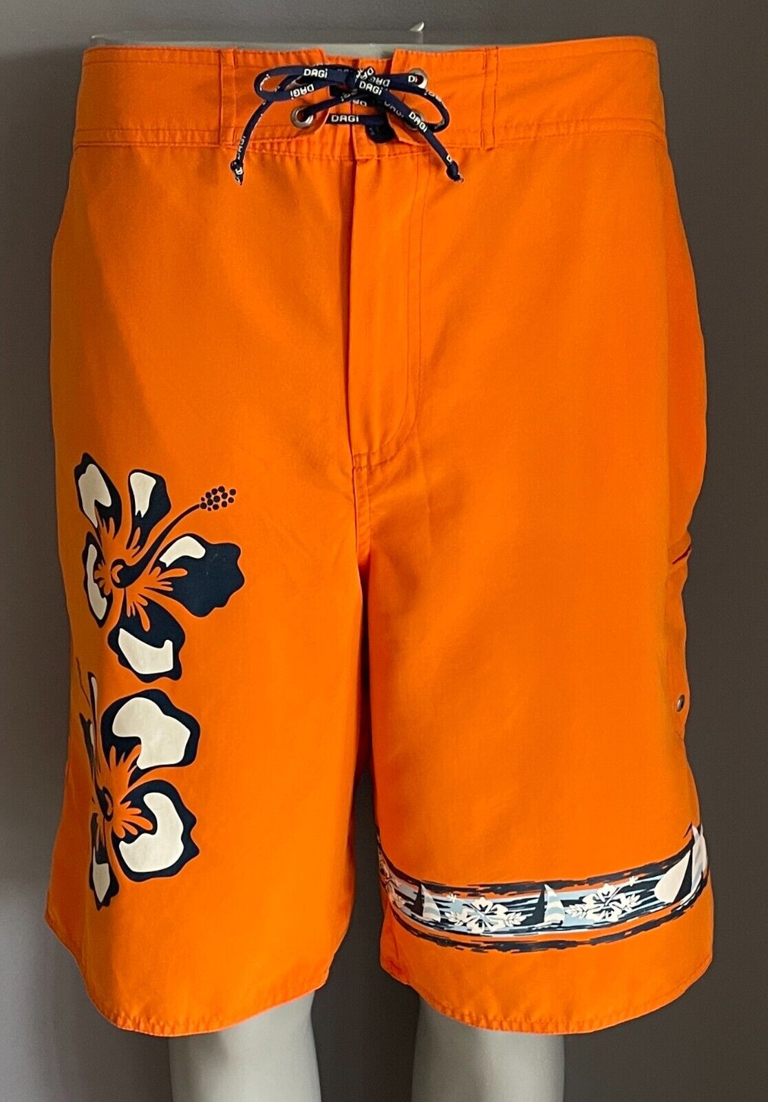 DAGI Board Shorts Orange Blue White Hawaiian Hibiscus Yachts Mens Size XL 98cm