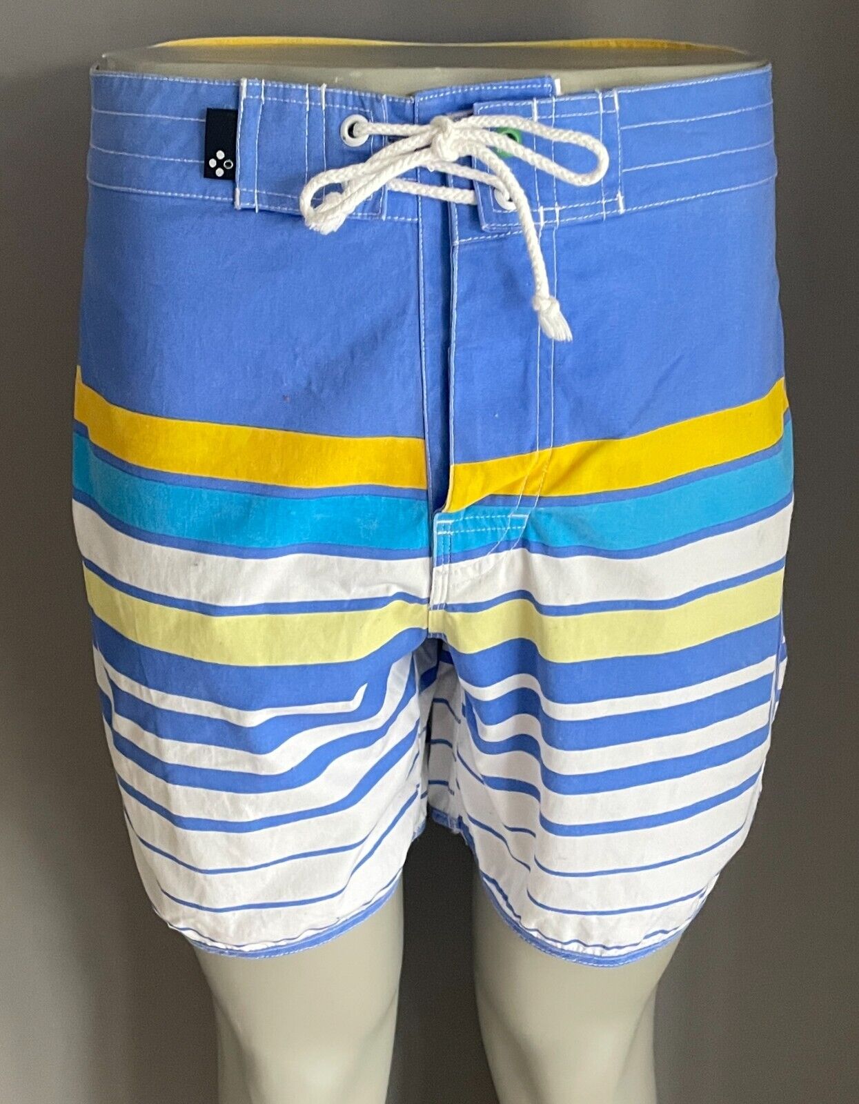 CLOCKWORK Board Shorts Blue Yellow White Stripe Size 32 Cotton Beach Surf Swim