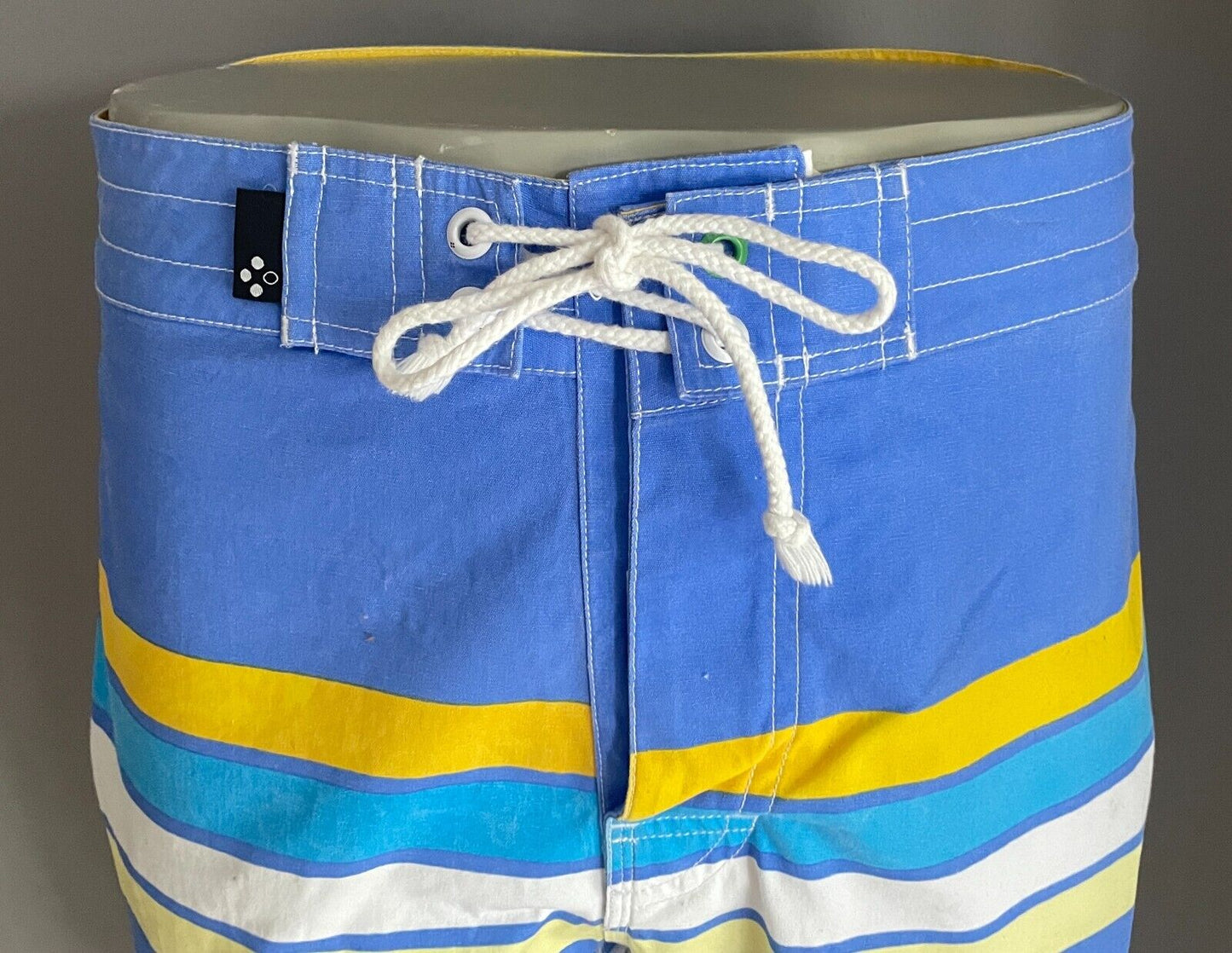 CLOCKWORK Board Shorts Blue Yellow White Stripe Size 32 Cotton Beach Surf Swim