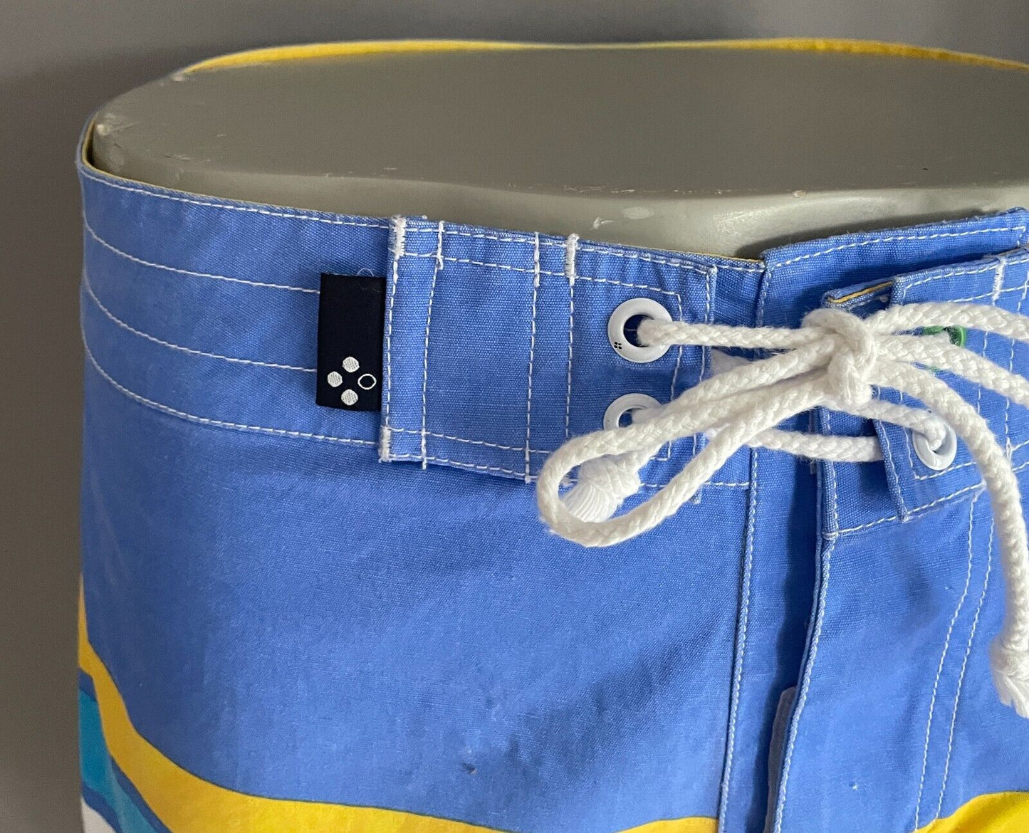 CLOCKWORK Board Shorts Blue Yellow White Stripe Size 32 Cotton Beach Surf Swim