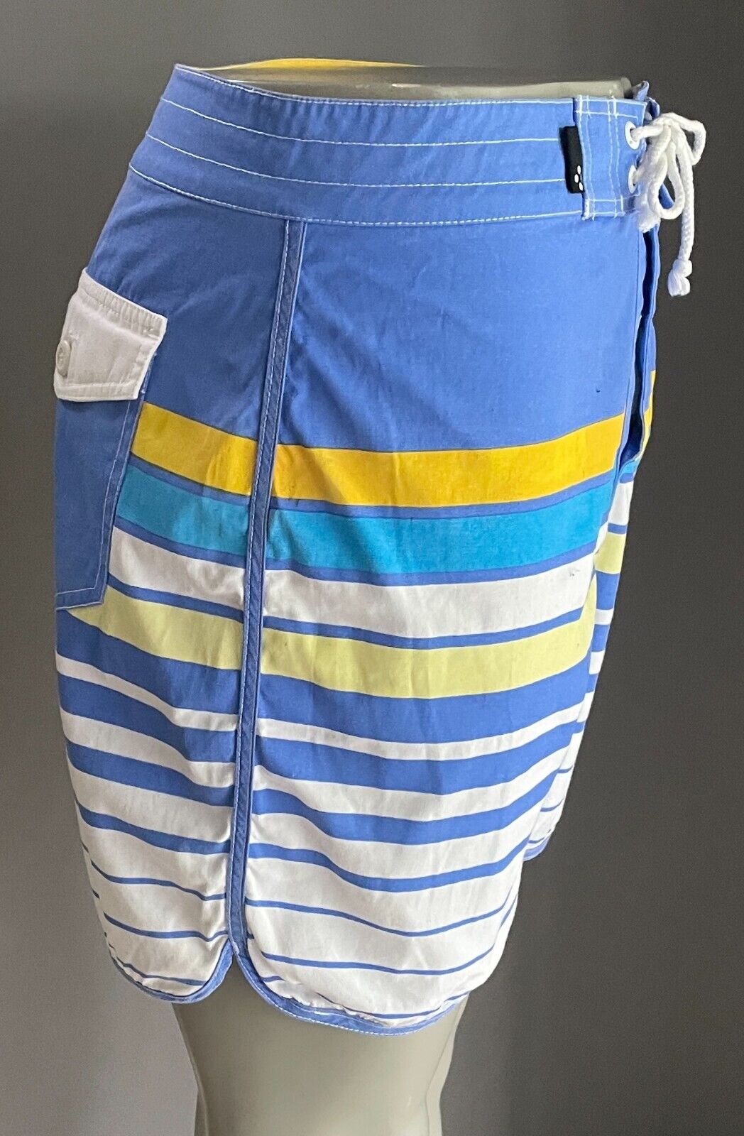 CLOCKWORK Board Shorts Blue Yellow White Stripe Size 32 Cotton Beach Surf Swim