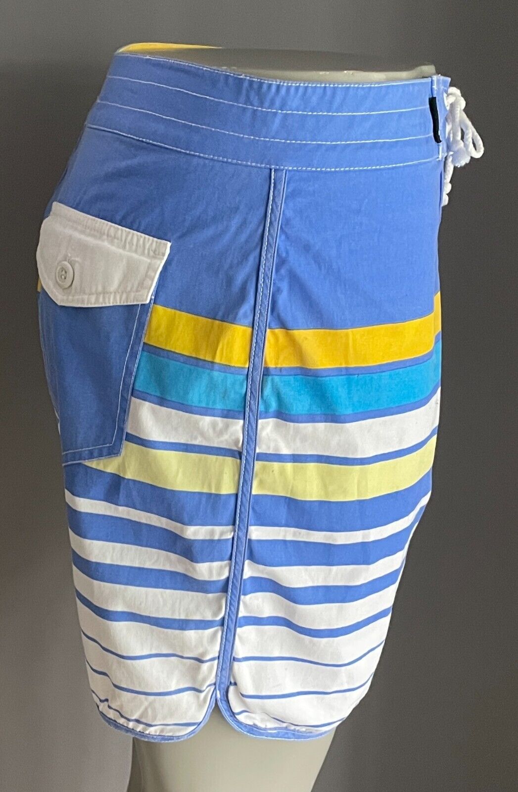 CLOCKWORK Board Shorts Blue Yellow White Stripe Size 32 Cotton Beach Surf Swim