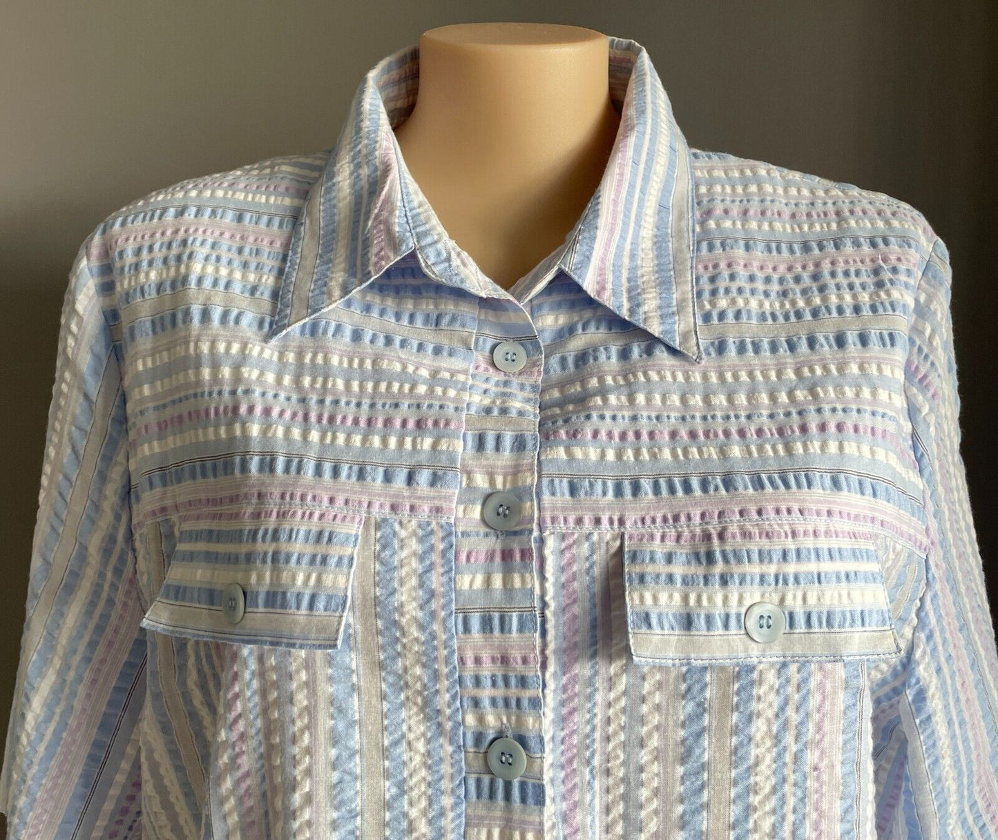 LYNDAL House Dress Pastel Stripe Seersucker S/Sleeve Collar Buttons Size 24 NEW