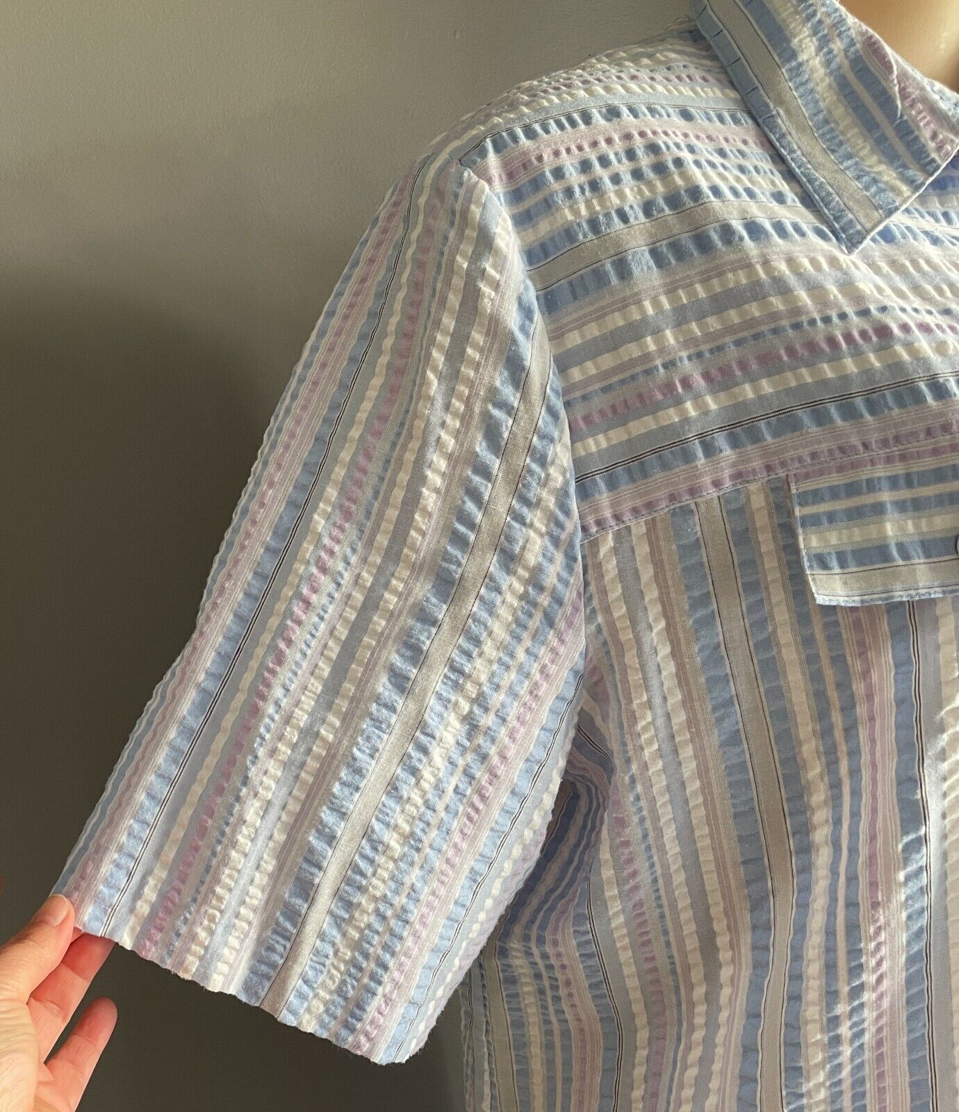 LYNDAL House Dress Pastel Stripe Seersucker S/Sleeve Collar Buttons Size 24 NEW