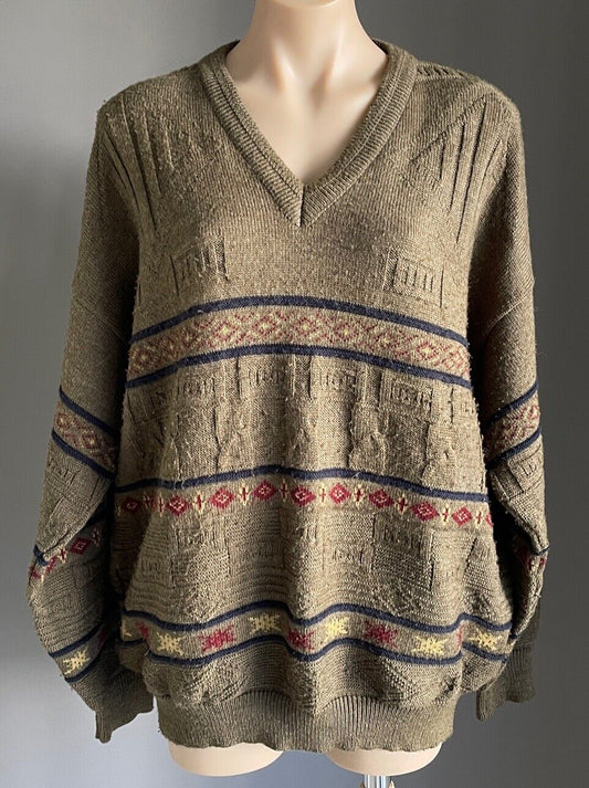 ANSETT  Tradewinds Jumper Pullover Khaki Decorative Knit V-neck Size 22 Vintage