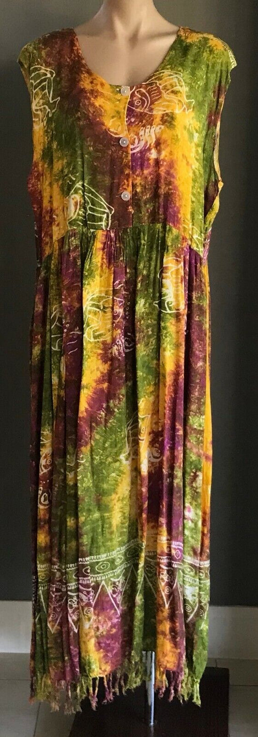 MAXI DRESS Boho Tie Dye Batik Drop Waist Fringe Hem Plus Size XL 22 24 Bright