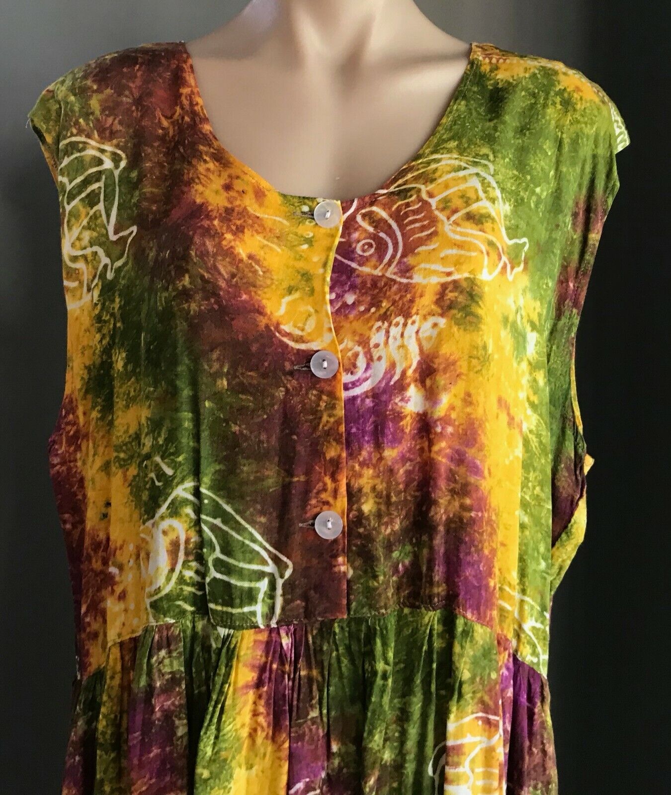 MAXI DRESS Boho Tie Dye Batik Drop Waist Fringe Hem Plus Size XL 22 24 Bright