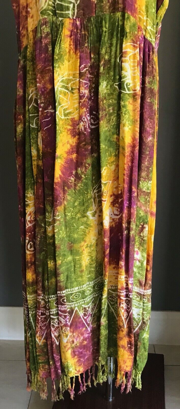 MAXI DRESS Boho Tie Dye Batik Drop Waist Fringe Hem Plus Size XL 22 24 Bright