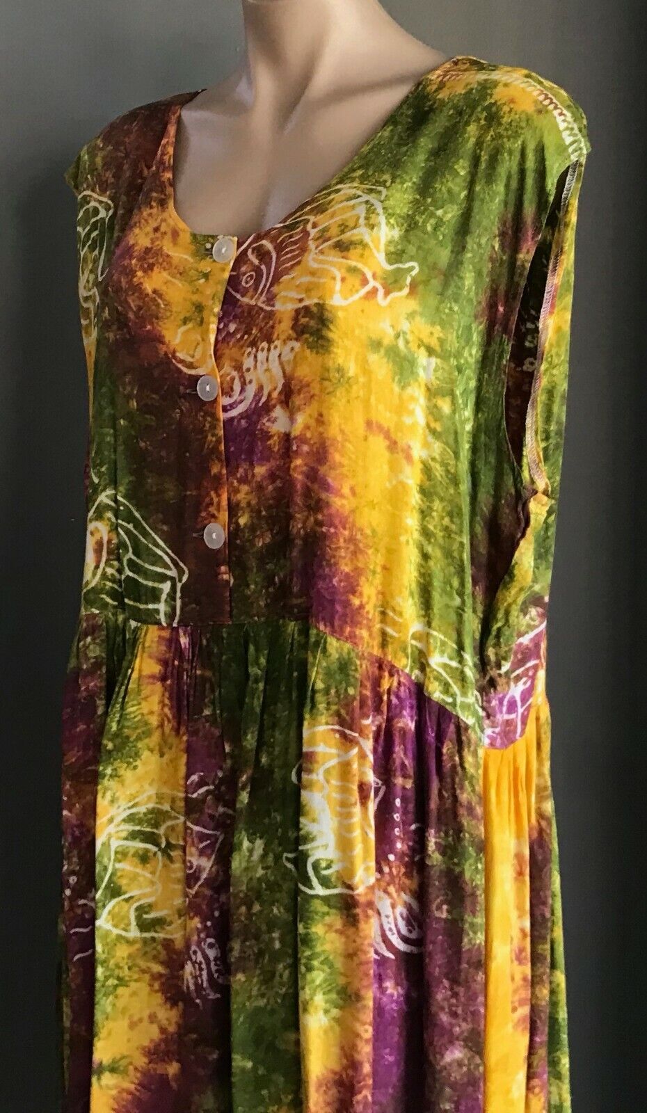 MAXI DRESS Boho Tie Dye Batik Drop Waist Fringe Hem Plus Size XL 22 24 Bright