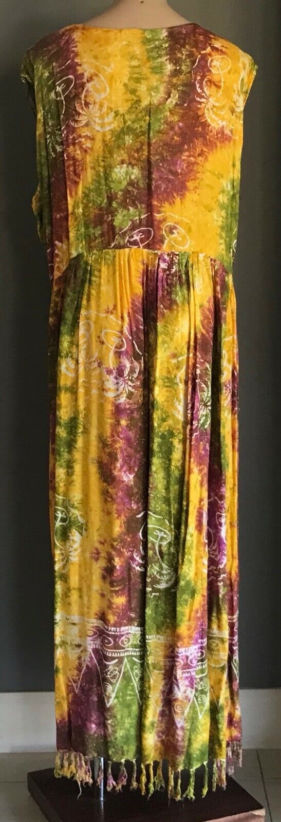 MAXI DRESS Boho Tie Dye Batik Drop Waist Fringe Hem Plus Size XL 22 24 Bright