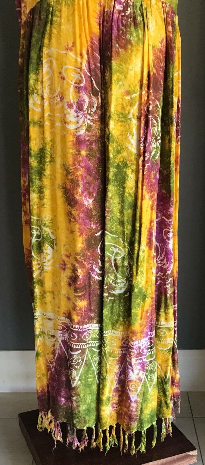 MAXI DRESS Boho Tie Dye Batik Drop Waist Fringe Hem Plus Size XL 22 24 Bright