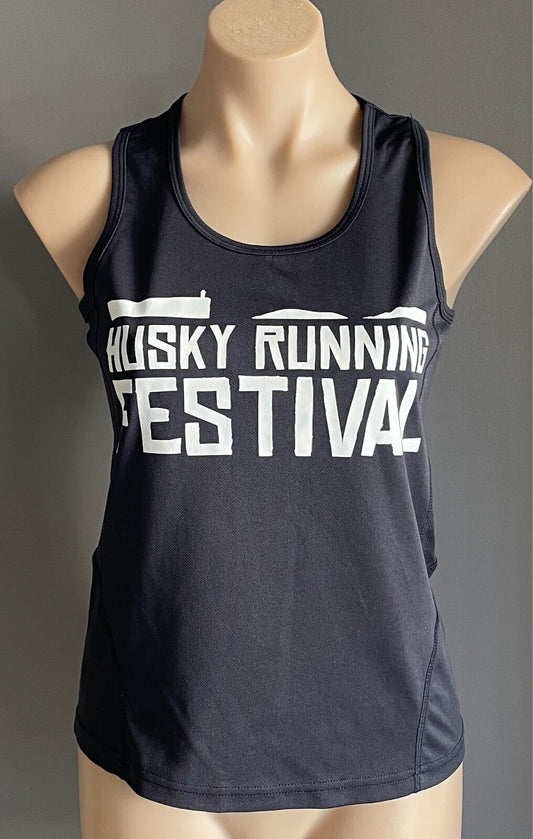 QUOZ Black Tank Top "Husky Running Festival" Size S Racerback Sleeveless Stretch