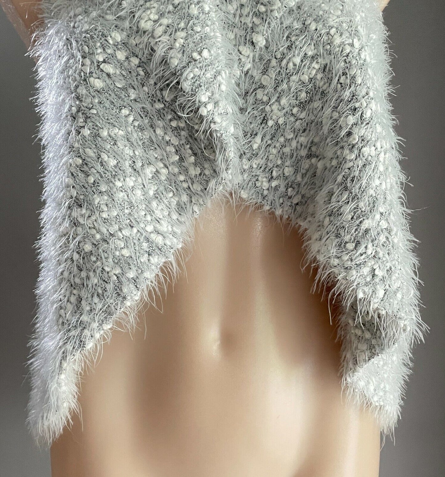 SES Cardigan Gillet Grey White Mottled Furry Chunky Knit Sleeveless Crop Size 14