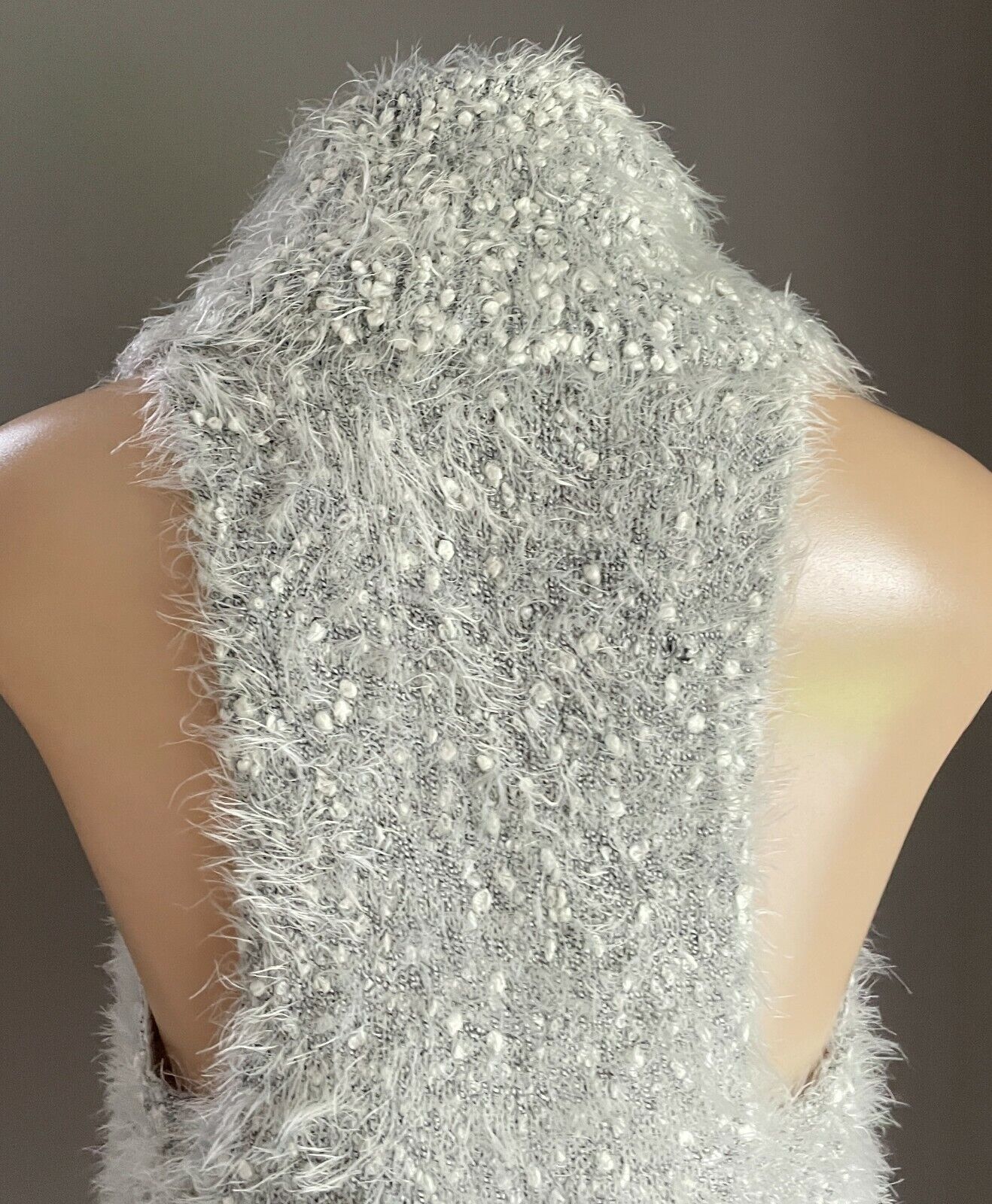 SES Cardigan Gillet Grey White Mottled Furry Chunky Knit Sleeveless Crop Size 14