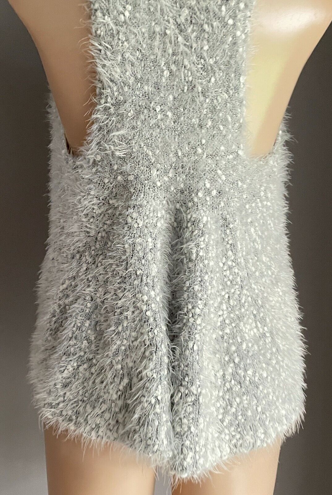 SES Cardigan Gillet Grey White Mottled Furry Chunky Knit Sleeveless Crop Size 14