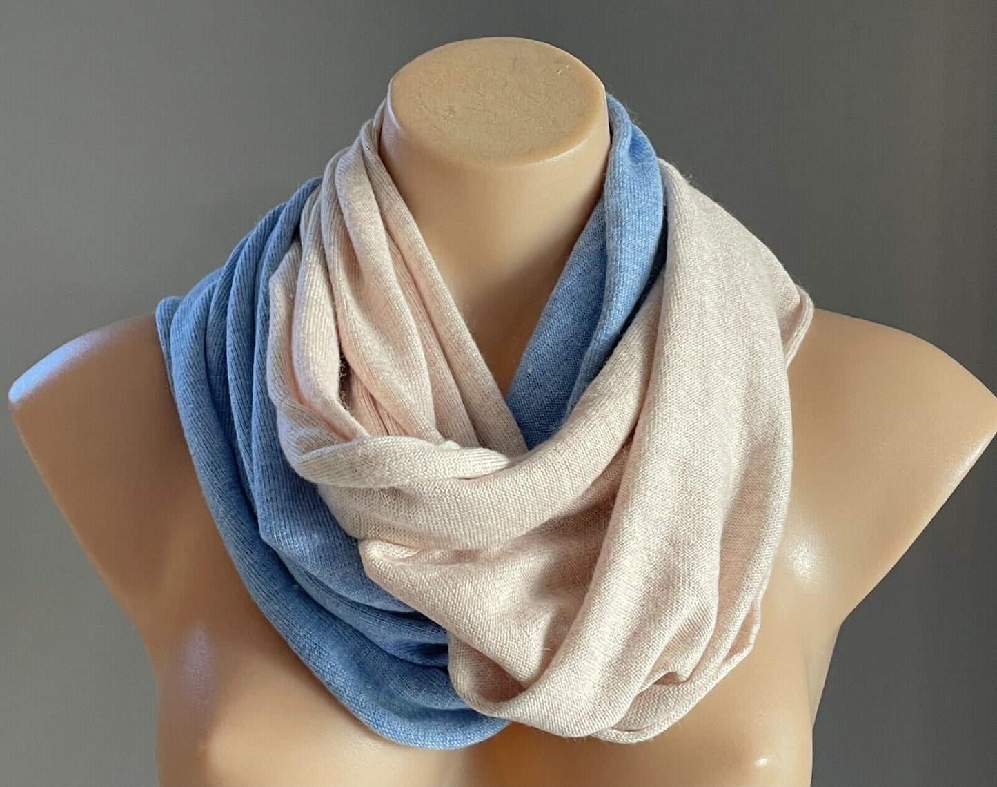 MAGGIE T Infinity Scarf Light Blue Beige Fine Knit Knit Snood Neck Wrap Ladies