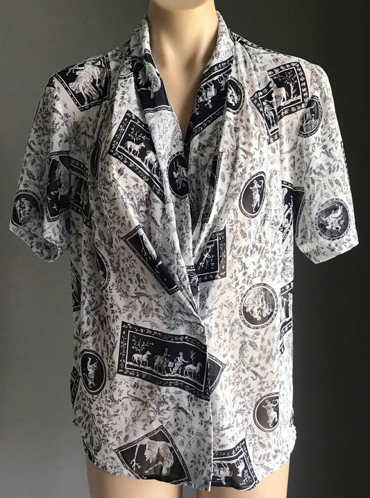 GIORGIO Button Blouse Drape Neck Short Sleeve Navy Blue White Print Top 10 NEW