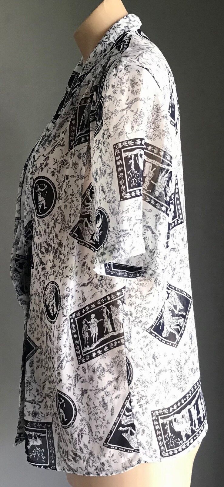 GIORGIO Button Blouse Drape Neck Short Sleeve Navy Blue White Print Top 10 NEW