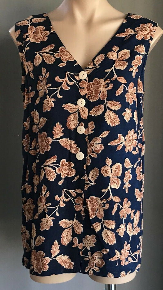 Ladies Top Button Front Blouse Navy Blue Brown Floral Sleeveless 12 14 Retro