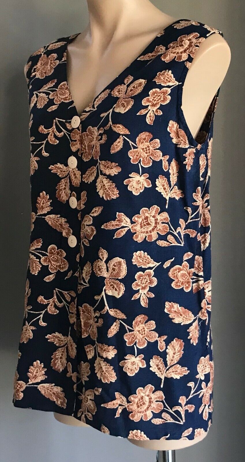 Ladies Top Button Front Blouse Navy Blue Brown Floral Sleeveless 12 14 Retro