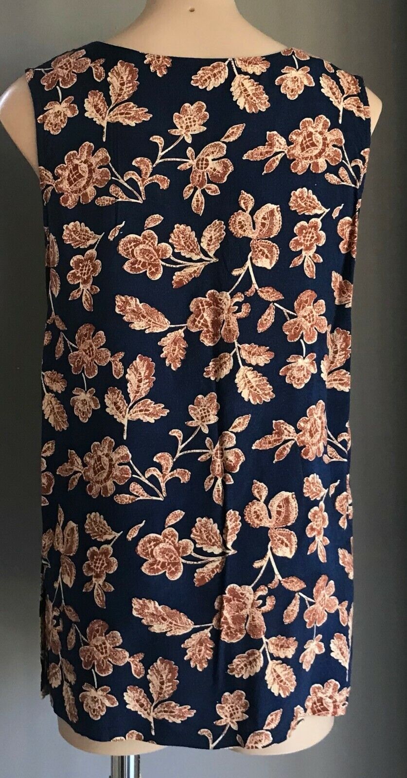 Ladies Top Button Front Blouse Navy Blue Brown Floral Sleeveless 12 14 Retro