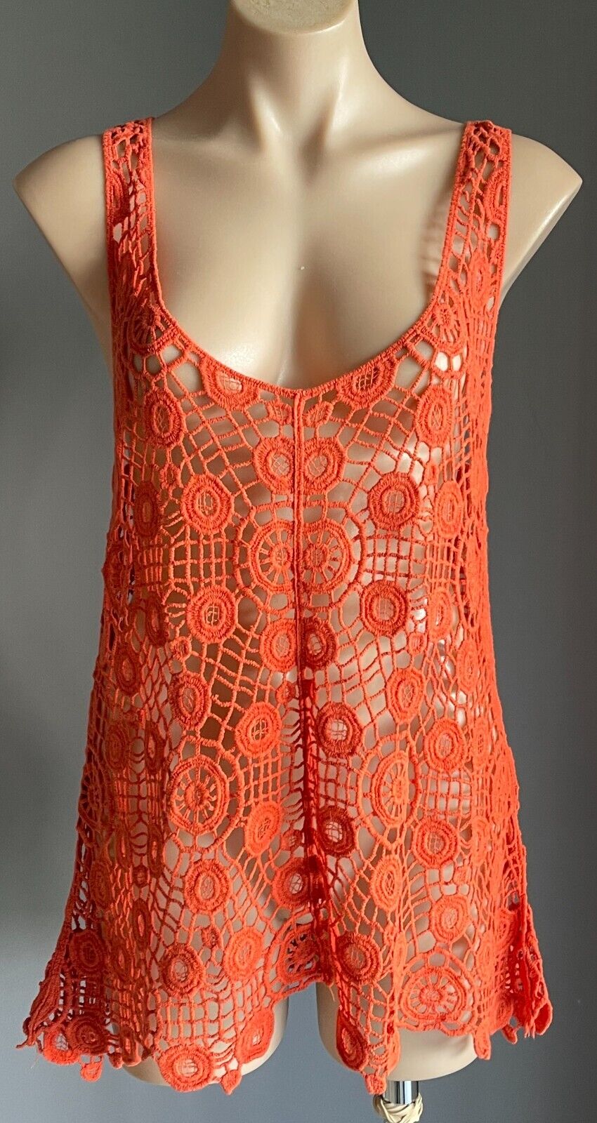 FILO Ladies Top Crochet Orange Relaxed Fit V-Neck & Back Sleeveless Size L XL 12