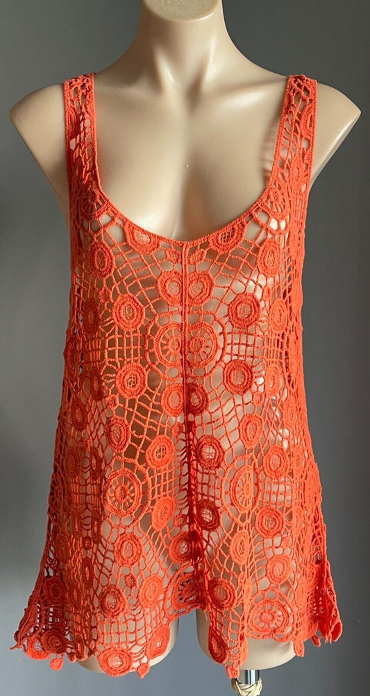 FILO Ladies Top Crochet Orange Relaxed Fit V-Neck & Back Sleeveless Size L XL 12