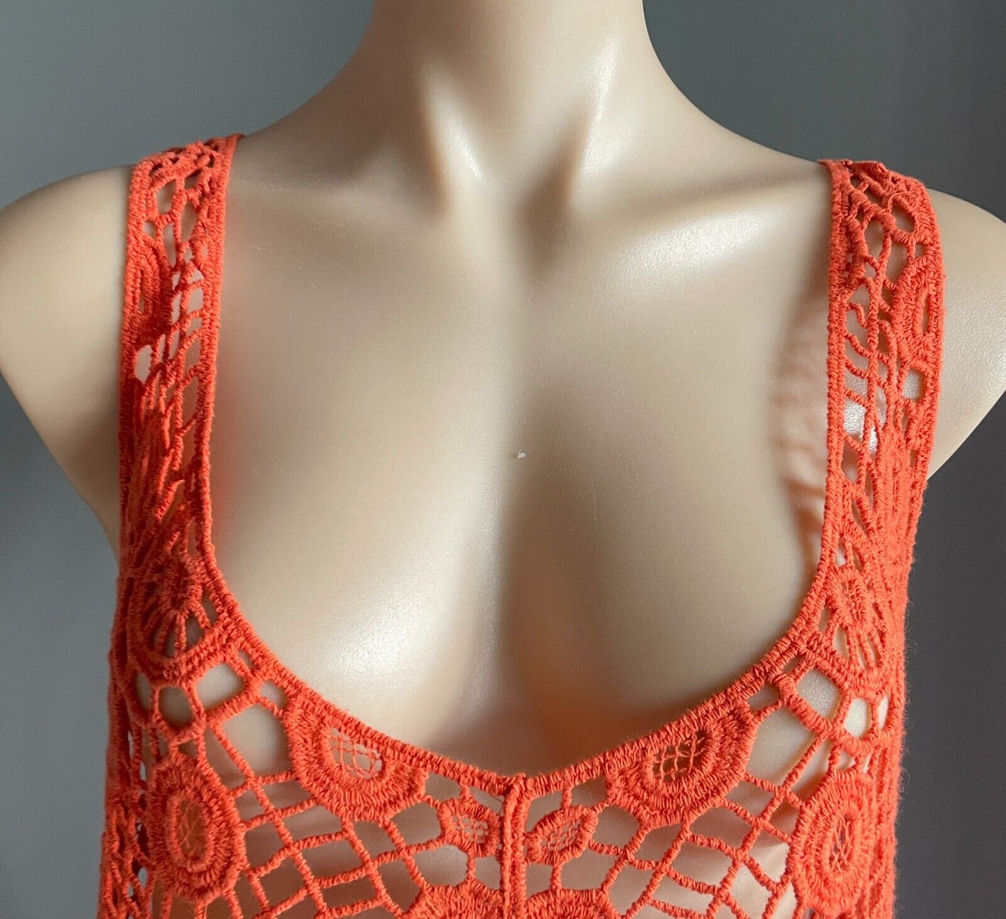 FILO Ladies Top Crochet Orange Relaxed Fit V-Neck & Back Sleeveless Size L XL 12