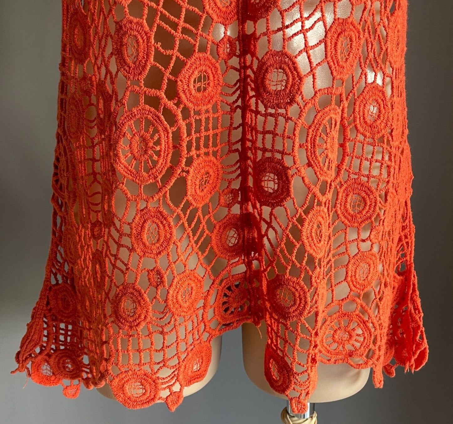 FILO Ladies Top Crochet Orange Relaxed Fit V-Neck & Back Sleeveless Size L XL 12