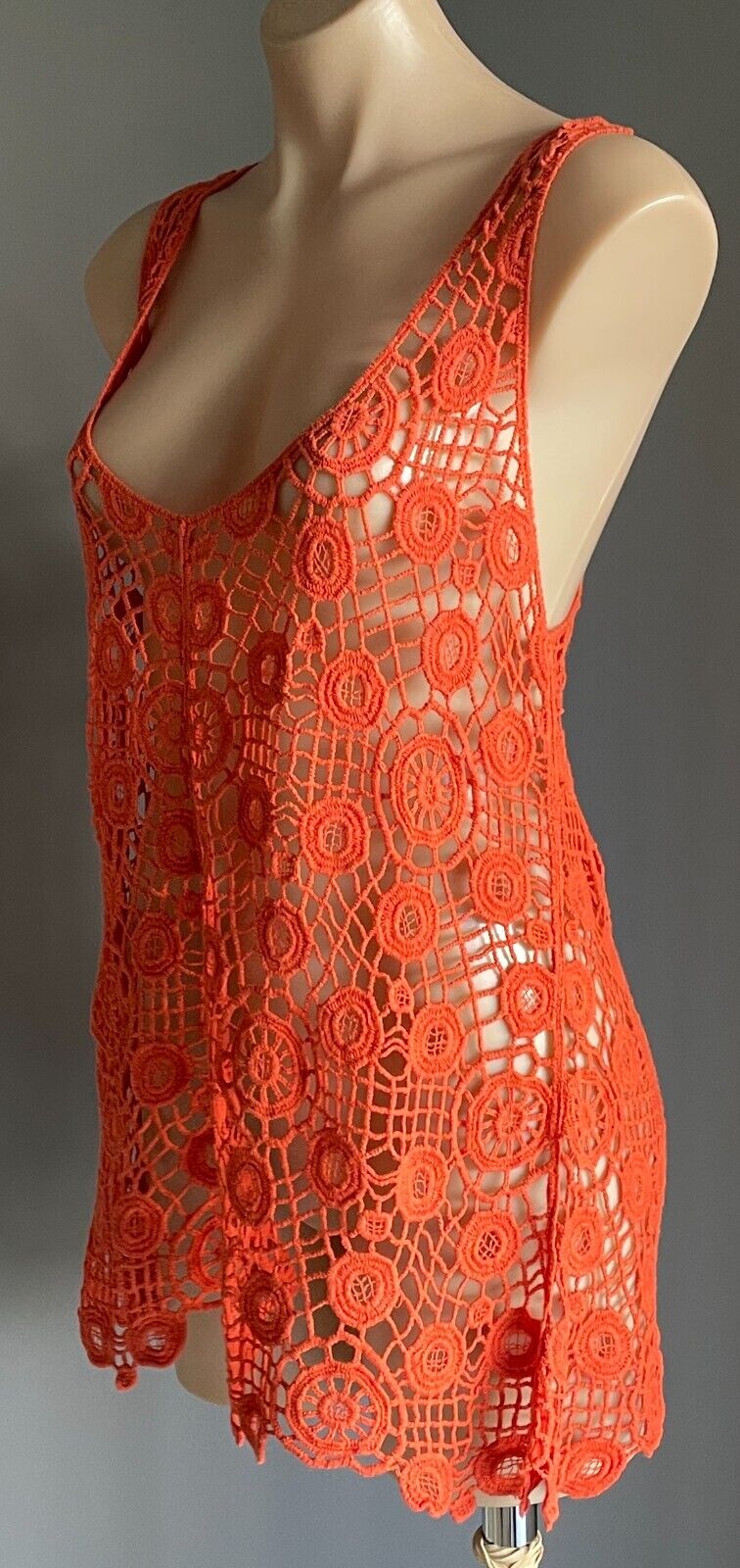 FILO Ladies Top Crochet Orange Relaxed Fit V-Neck & Back Sleeveless Size L XL 12