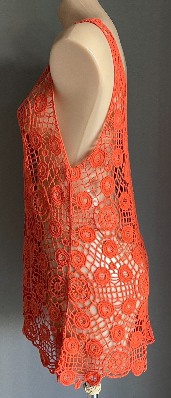 FILO Ladies Top Crochet Orange Relaxed Fit V-Neck & Back Sleeveless Size L XL 12