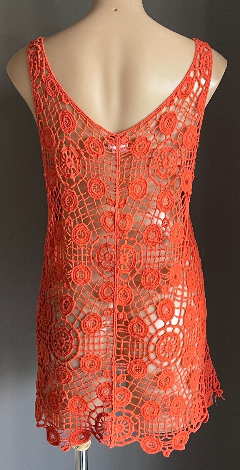 FILO Ladies Top Crochet Orange Relaxed Fit V-Neck & Back Sleeveless Size L XL 12