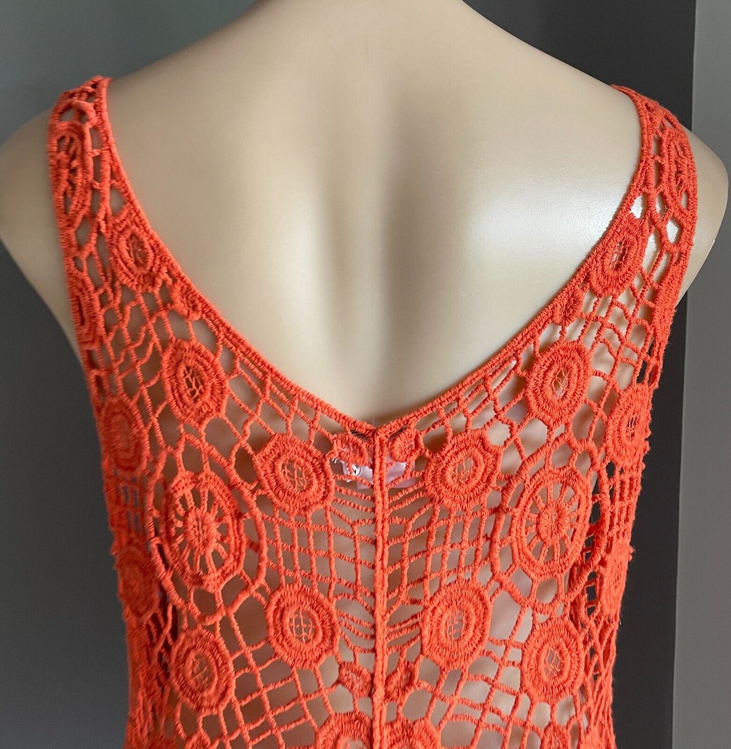 FILO Ladies Top Crochet Orange Relaxed Fit V-Neck & Back Sleeveless Size L XL 12