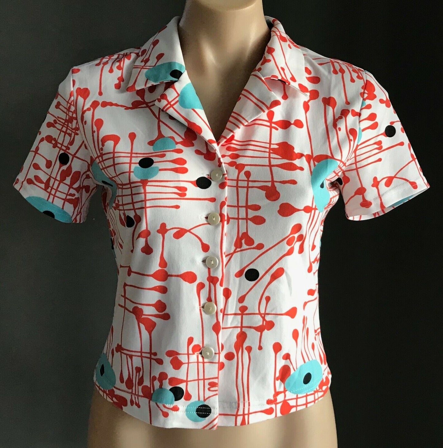 JOHNNY DEXTER White Stretch Shirt Top Orange Blue Black Splatter Print Sz 10 Vtg
