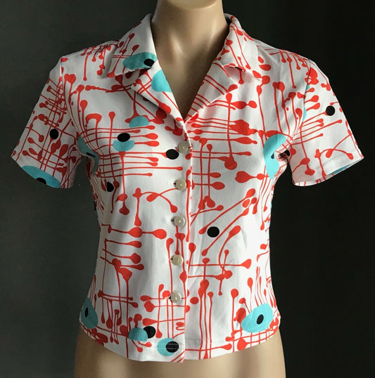JOHNNY DEXTER White Stretch Shirt Top Orange Blue Black Splatter Print Sz 10 Vtg