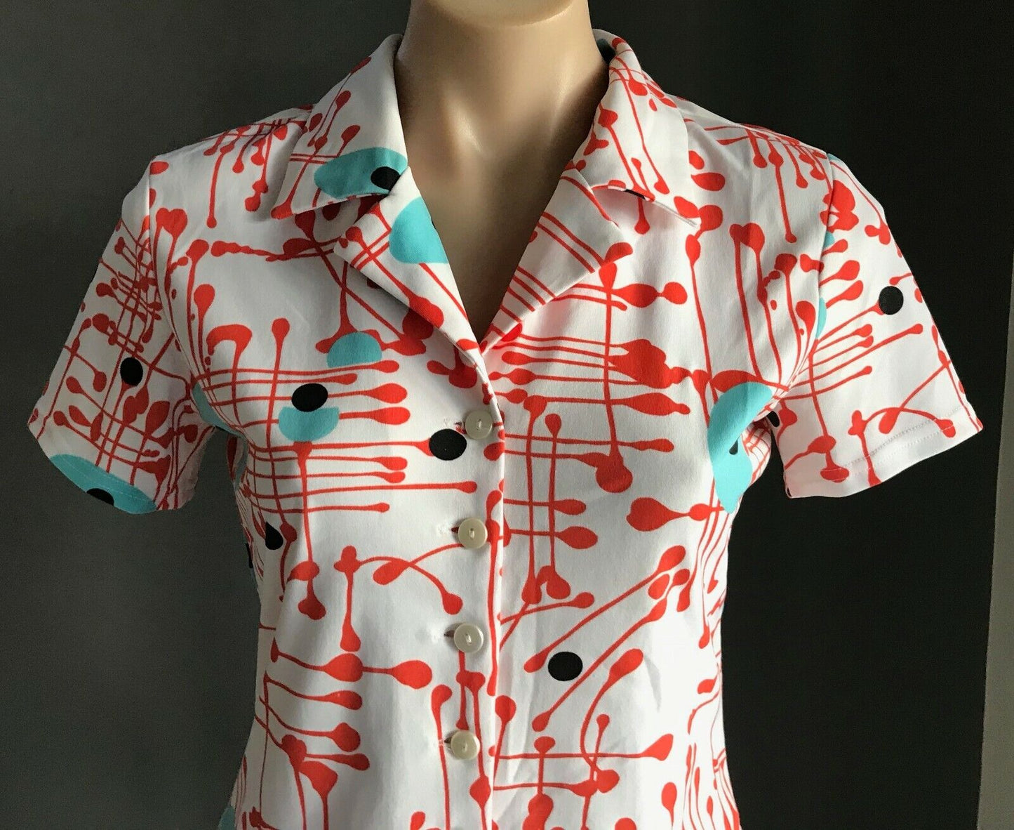 JOHNNY DEXTER White Stretch Shirt Top Orange Blue Black Splatter Print Sz 10 Vtg